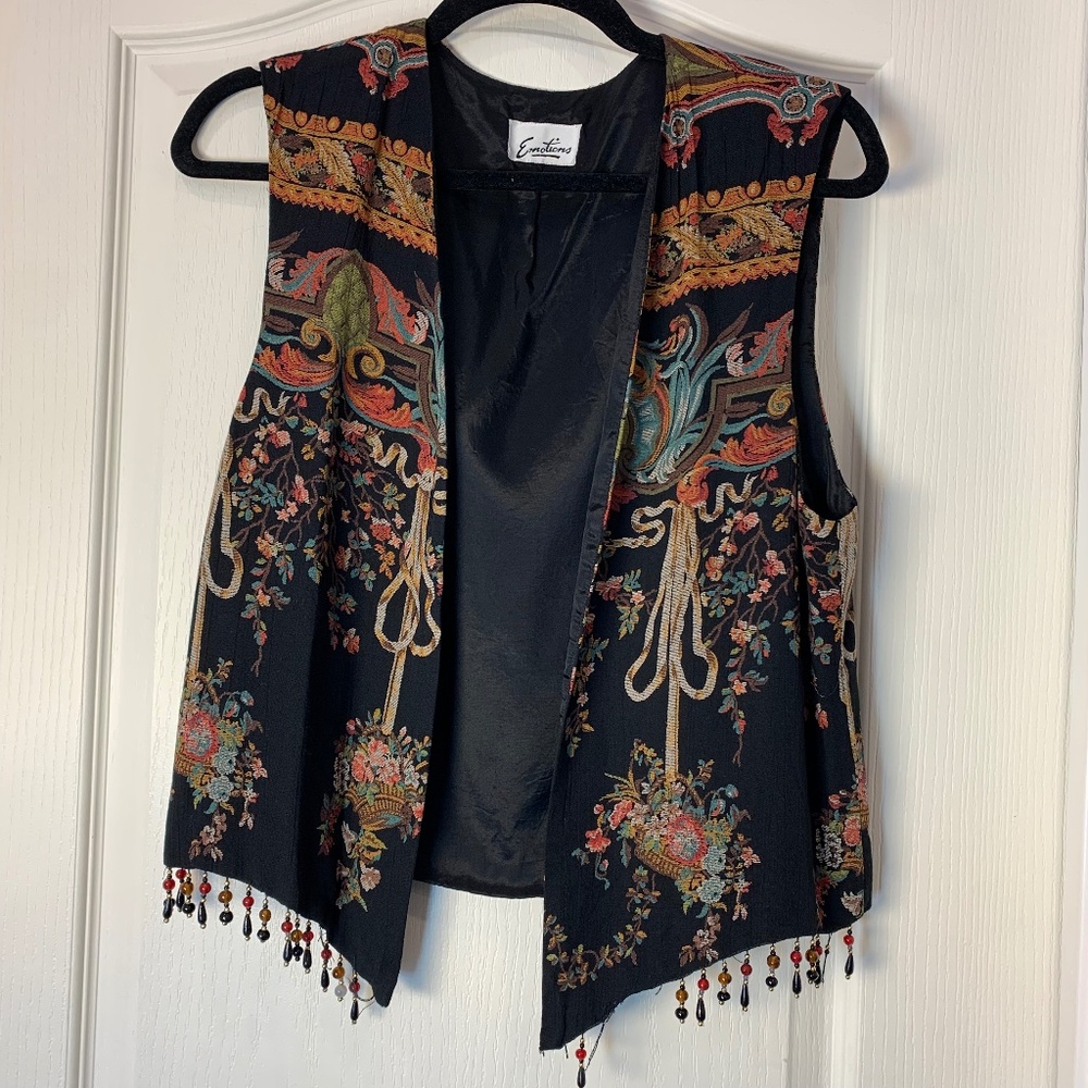 Boho Artist Tapestry Vest with Beaded Hem – Black Rayon Sleeveless Layering 90's